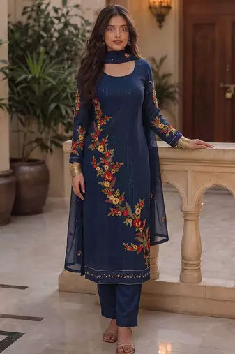 Blue georgette heavy multi thread embroidery, sequins work readymade salwar kameez