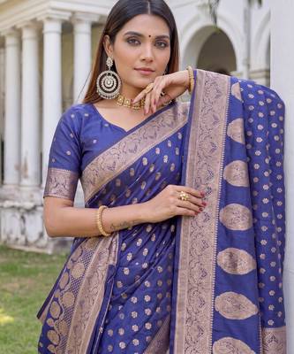 BLUE ART SILK BANARASI JACUARD WORK SAREE WITH UNSTITCHED BLOUSE PIECE 4