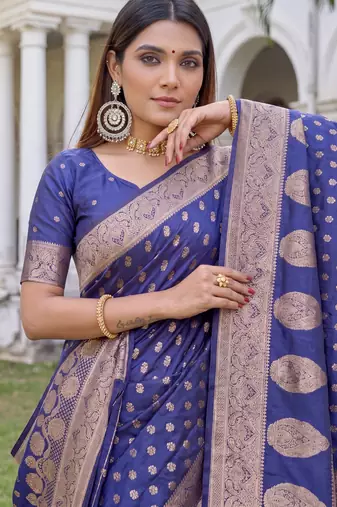 BLUE ART SILK BANARASI JACUARD WORK SAREE WITH UNSTITCHED BLOUSE PIECE