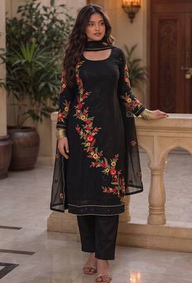 Black georgette heavy multi thread embroidery, sequins work readymade salwar kameez 1