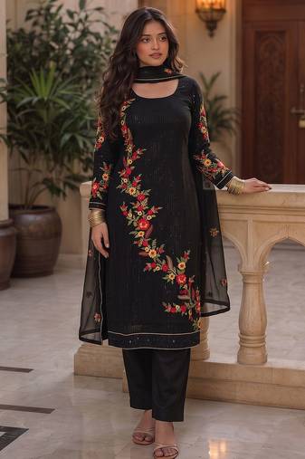 Black georgette heavy multi thread embroidery, sequins work readymade salwar kameez