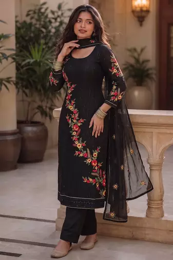 Black georgette heavy multi thread embroidery, sequins work readymade salwar kameez