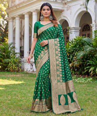GREEN ART SILK BANARASI JACUARD WORK SAREE WITH UNSTITCHED BLOUSE PIECE 1