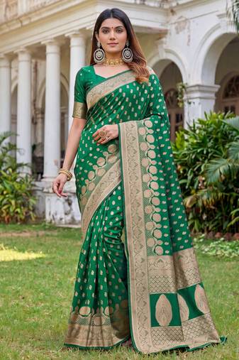 GREEN ART SILK BANARASI JACUARD WORK SAREE WITH UNSTITCHED BLOUSE PIECE
