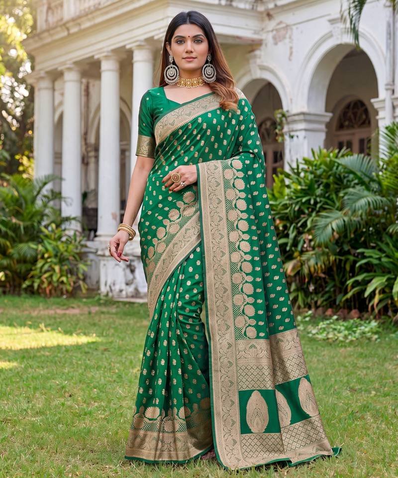 GREEN ART SILK BANARASI JACUARD WORK SAREE WITH UNSTITCHED BLOUSE PIECE