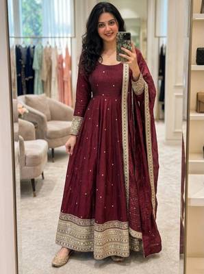 Maroon satin embroidered flared gown set 1