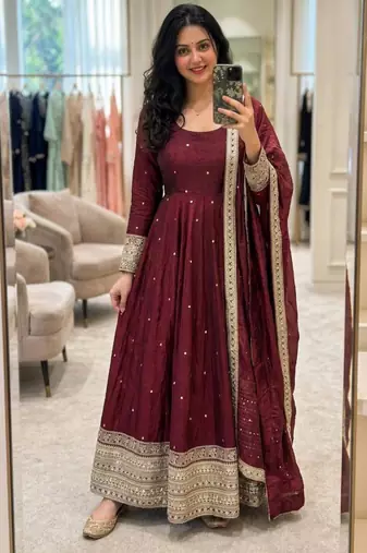 Maroon satin embroidered flared gown set