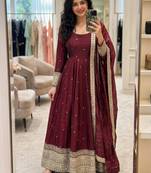 Maroon satin embroidered flared gown set