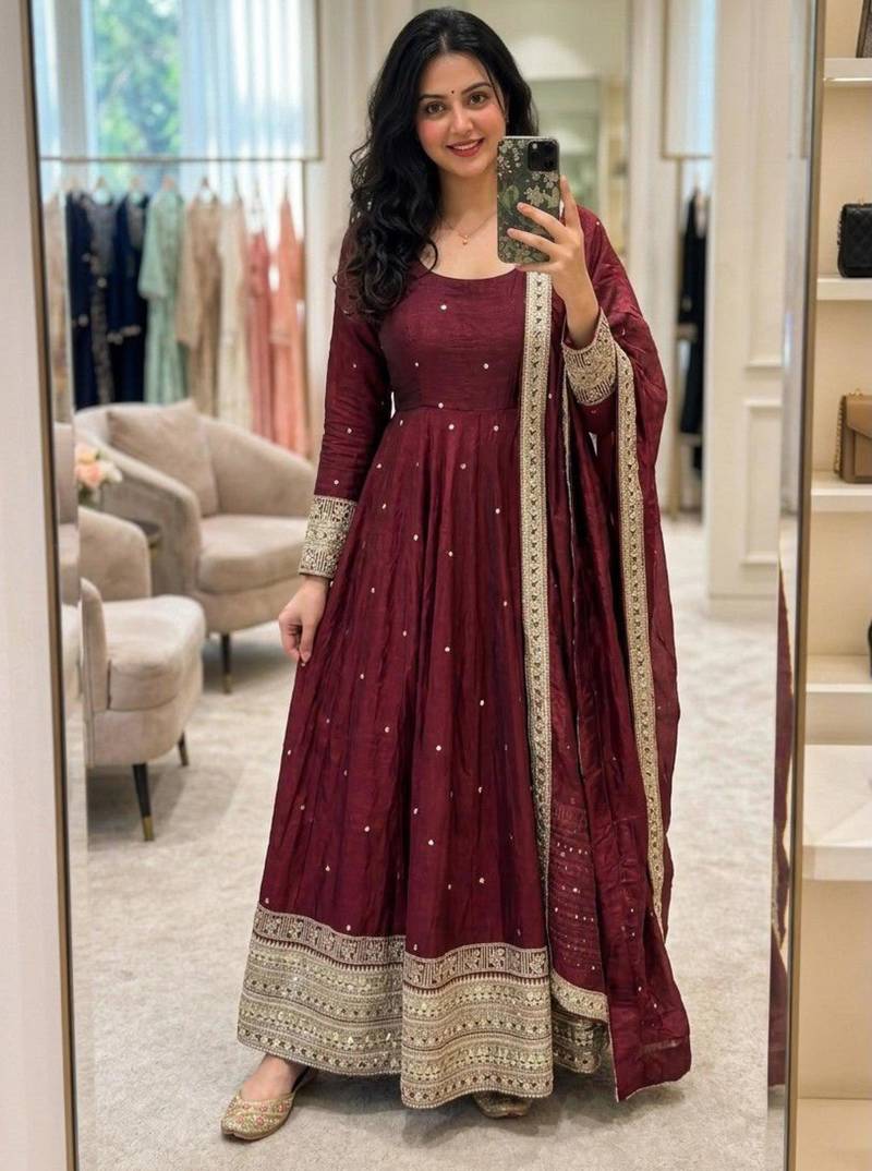 Maroon satin embroidered flared gown set