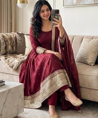 Maroon satin embroidered flared gown set 2