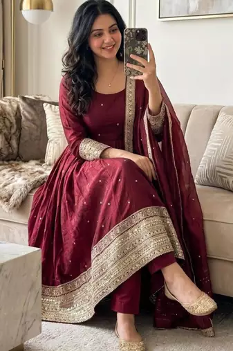 Maroon satin embroidered flared gown set