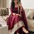 Maroon satin embroidered flared gown set