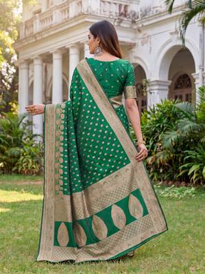 GREEN ART SILK BANARASI JACUARD WORK SAREE WITH UNSTITCHED BLOUSE PIECE 2