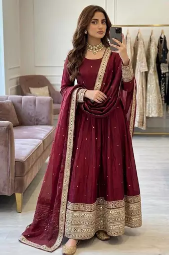 Maroon satin embroidered flared gown set