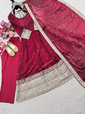 Maroon satin embroidered flared gown set 4