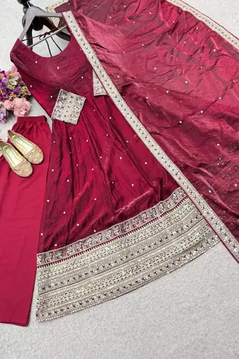 Maroon satin embroidered flared gown set