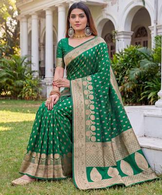 GREEN ART SILK BANARASI JACUARD WORK SAREE WITH UNSTITCHED BLOUSE PIECE 3