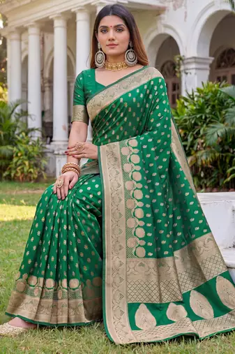 GREEN ART SILK BANARASI JACUARD WORK SAREE WITH UNSTITCHED BLOUSE PIECE
