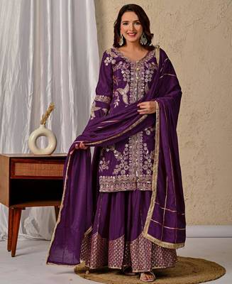 Purple silk blend embroidered sharara set 1