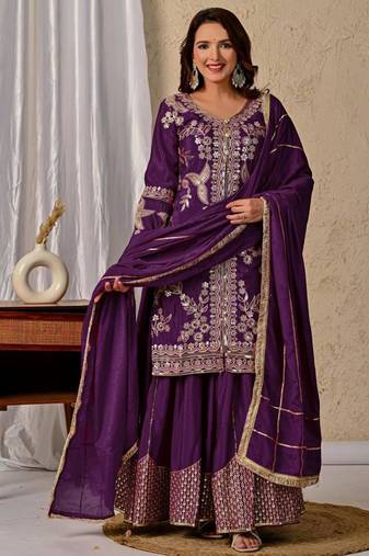 Purple silk blend embroidered sharara set