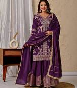 Purple silk blend embroidered sharara set