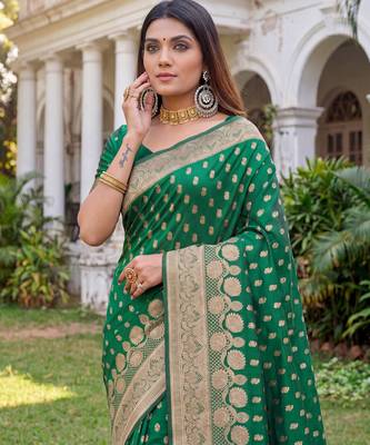 GREEN ART SILK BANARASI JACUARD WORK SAREE WITH UNSTITCHED BLOUSE PIECE 4
