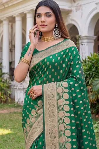 GREEN ART SILK BANARASI JACUARD WORK SAREE WITH UNSTITCHED BLOUSE PIECE