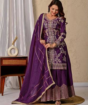 Purple silk blend embroidered sharara set 2