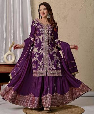 Purple silk blend embroidered sharara set 3