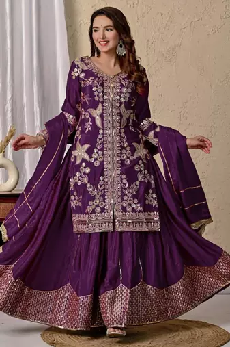 Purple silk blend embroidered sharara set