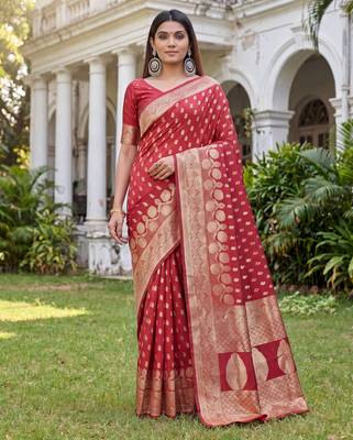 RED ART SILK BANARASI JACUARD WORK SAREE WITH UNSTITCHED BLOUSE PIECE 1