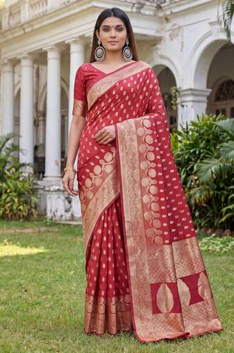RED ART SILK BANARASI JACUARD WORK SAREE WITH UNSTITCHED BLOUSE PIECE