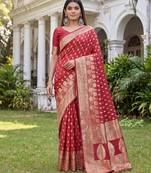 RED ART SILK BANARASI JACUARD WORK SAREE WITH UNSTITCHED BLOUSE PIECE