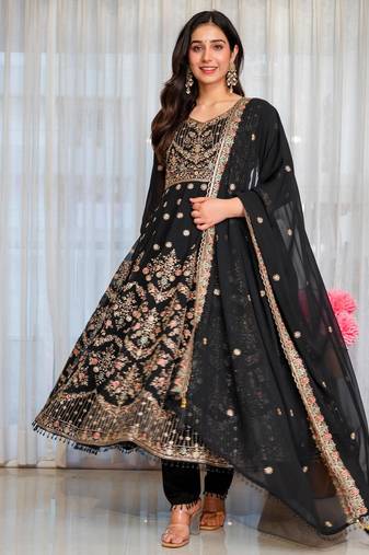 Black faux georgette embroidered anarkali set
