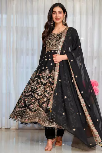 Black faux georgette embroidered anarkali set