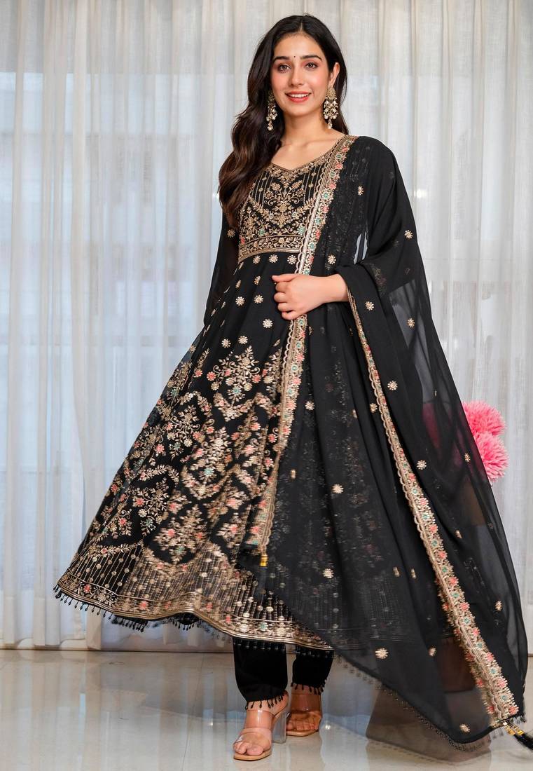 Black faux georgette embroidered anarkali set