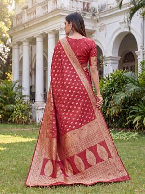 RED ART SILK BANARASI JACUARD WORK SAREE WITH UNSTITCHED BLOUSE PIECE 2