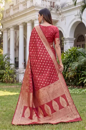 RED ART SILK BANARASI JACUARD WORK SAREE WITH UNSTITCHED BLOUSE PIECE