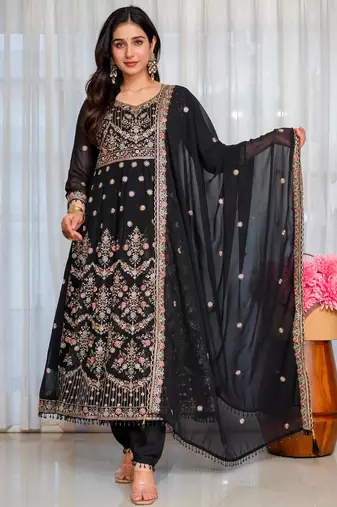 Black faux georgette embroidered anarkali set