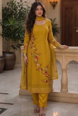 Mustard georgette heavy multi thread embroidery, sequins work readymade salwar kameez 1
