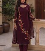 Wine georgette heavy multi thread embroidery, sequins work readymade salwar kameez