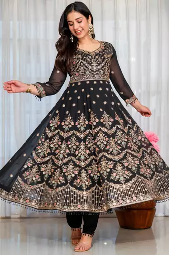 Black faux georgette embroidered anarkali set
