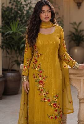Mustard georgette heavy multi thread embroidery, sequins work readymade salwar kameez 2