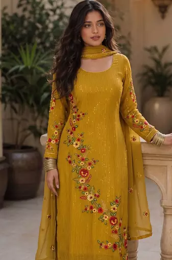 Mustard georgette heavy multi thread embroidery, sequins work readymade salwar kameez