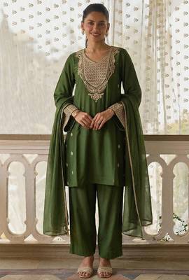 Green soft silk blend heavy thread embroidery with sequins work readymade salwar kameez 2
