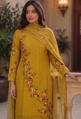 Mustard georgette heavy multi thread embroidery, sequins work readymade salwar kameez 3