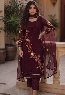 Wine georgette heavy multi thread embroidery, sequins work readymade salwar kameez 2