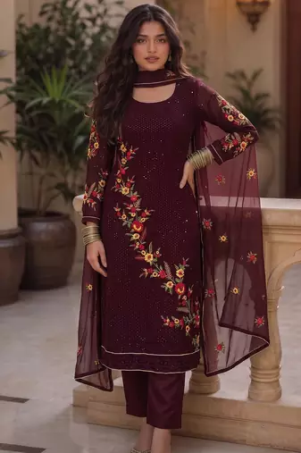 Wine georgette heavy multi thread embroidery, sequins work readymade salwar kameez