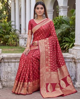 RED ART SILK BANARASI JACUARD WORK SAREE WITH UNSTITCHED BLOUSE PIECE 3