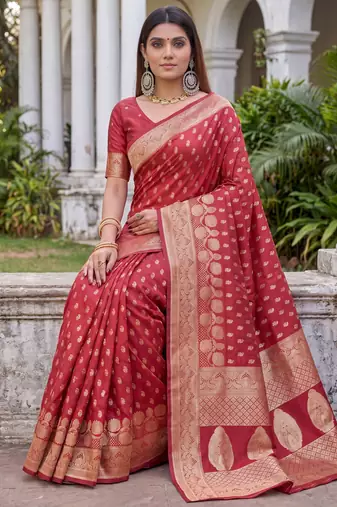 RED ART SILK BANARASI JACUARD WORK SAREE WITH UNSTITCHED BLOUSE PIECE